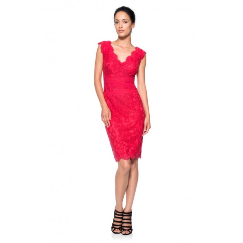 Tadashi Shoji Hot Pink Lace V-Neck Cap Sleeve Sheath Dress